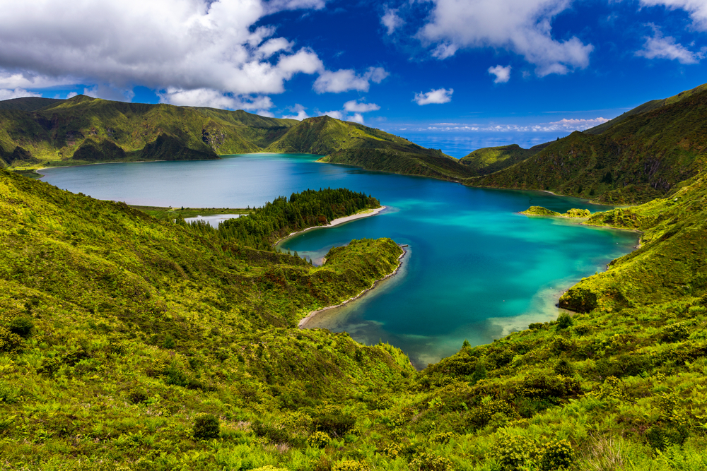 Beautiful panoramic view of Lagoa do Fogo lake in Sao Miguel Island, Azores, Portugal. "Lagoa do Fogo" in São Miguel Island, Azores. Panoramic image of Lagoa do Fogo, Sao Miguel, Azores, Portugal.