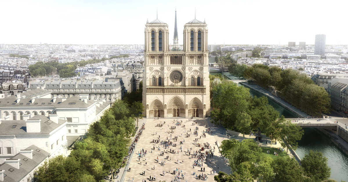 パリの歴史的なノートルダム大聖堂の再設計の美しい屋外スペース